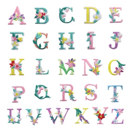 GOODCHI アイロン ワッペン アルファベットとフラワー モチーフ 26枚セット おしゃれ パッチ 補修 刺繍..