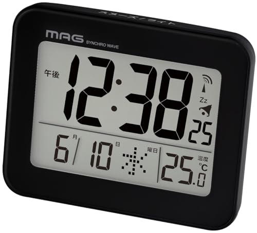 MAG(マグ) 目覚まし時計 置き時計 小型 小さい デジタル 電波時計 温度計 カレンダー 電子音 アラーム スヌーズ ライト ブラック ファ