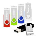 5個セット 4GB USBメモリ Exmapor USBフラッシュメモリ 回転式 ストラップホール付き 五色(黒、赤、緑、青、白)