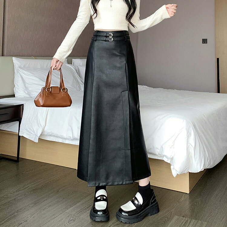 樂天商城 - Aラインスカート 秋冬 光沢感 ゆったり スリット タイトスカート ロング丈スカート 体型カバーフレアスカート 半身スカート 通勤 魅せる コーデ 着痩せ 着回し 無地 OL オシャレ ボトムス ロングスカート レディース スカート PUスカート