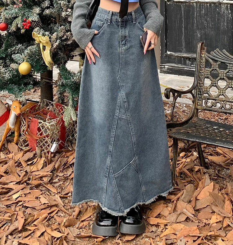 ハイウエストスカートデニムレディース春オールマッチスリットロングスカートAラインスカートスプライシングコットンカジュアルポケット