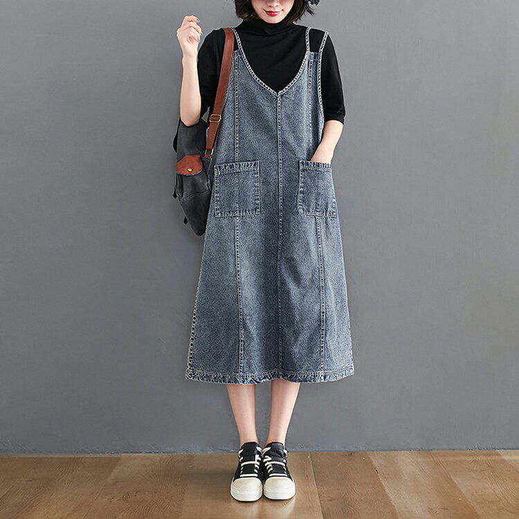 Vネックジャンパースカート デニム ワンピース ジャンスカ ロング 大人 春 レディース スカート エプロン ジャンパーワンピース オーバーオール オールインワン マキシ キャミワンピ ノースリーブワンピース サロペット ロングワンピース 夏 秋