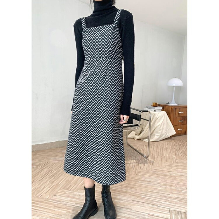 ジャンパースカート レディース ワンピース サロペット ノースリーブ 秋冬 秋 ストライプ柄 Aライン aラインワンピース ミモレ丈 ジャンスカ ミモレ丈ワンピース ワンピ 秋 ラシャ ラシャワンピース 重ね着 大人 レイヤード OL おしゃれ 冬 通勤 通学
