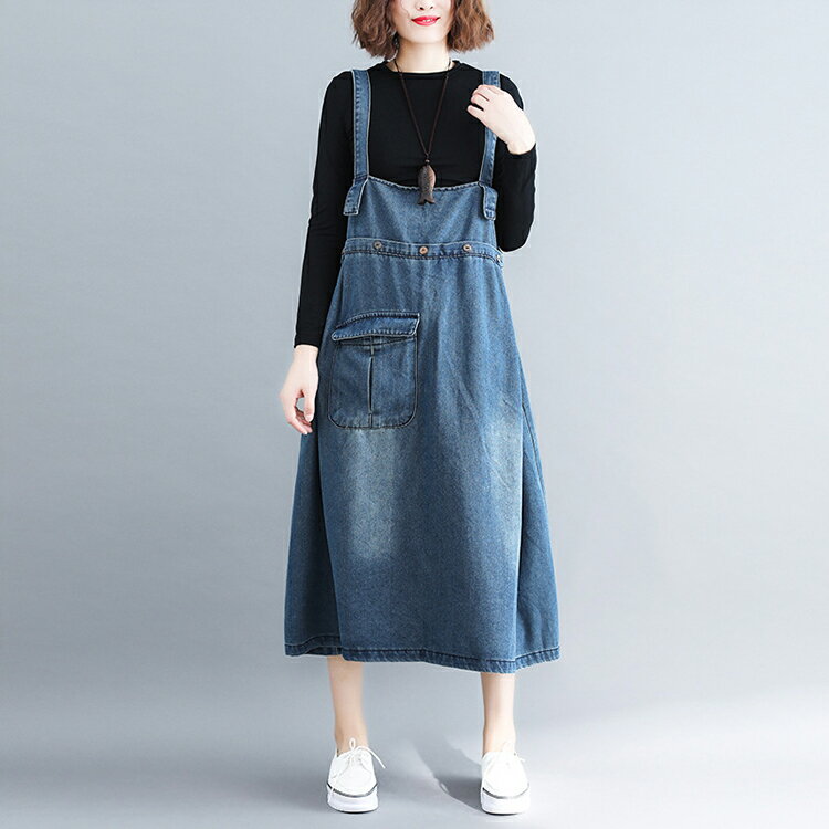 デニムサロペット サロペット デニムスカート レディース体型カバースカート サロペット ミドル丈 デニムワンピース デニム オールインワン マキシ丈 デニムスカート デニムジャンパースカート プルオーバー ポケット付き