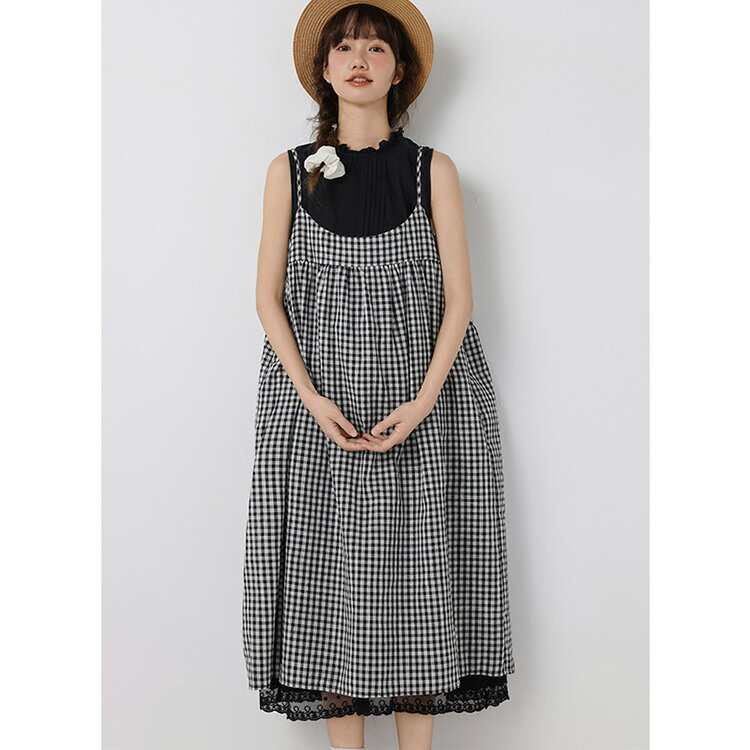 ジャンパースカート サロペット レディース 綿麻 ロング ワンピース キャミソールワンピース ゆったり ジャンパースカート 春 夏 チェック柄 Aライン オールインワン 重ね着 オーバーオール 着痩せ ロング丈 可愛い オシャレ 体型カバー