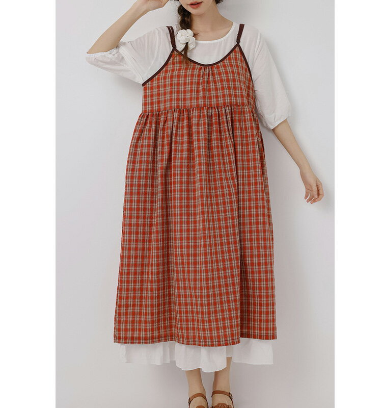 ジャンパースカート サロペット 綿麻 キャミソールワンピース レディース フレア プリーツ ロングワンピース 春 夏 オールインワン ロング キャミワンピ ボトムス 楽ちん 体型カバー 黒 チェック 可愛い 着回し カジュアル