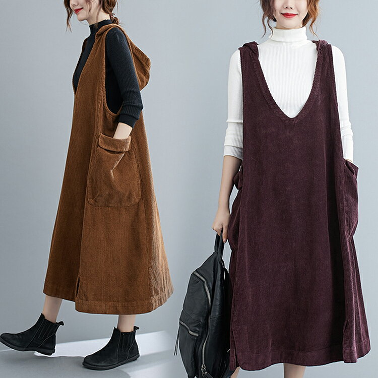 冬 体型カバー フード付き ベスト コーデュロイ 重ね着 秋 プルオーバー 春 ジャンパースカート レディース ロングワンピース タンクワンピース レイヤード おしゃれ ノースリーブ チュニックワンピース 深Vネック サロペット