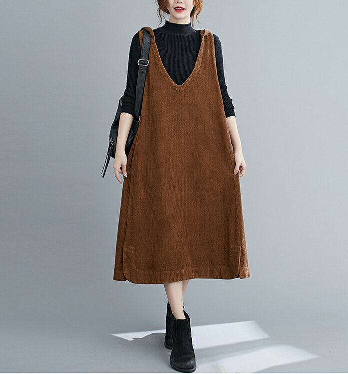 冬 体型カバー フード付き ベスト コーデュロイ 重ね着 秋 プルオーバー 春 ジャンパースカート レディース ロングワンピース タンクワンピース レイヤード おしゃれ ノースリーブ チュニックワンピース 深Vネック サロペット