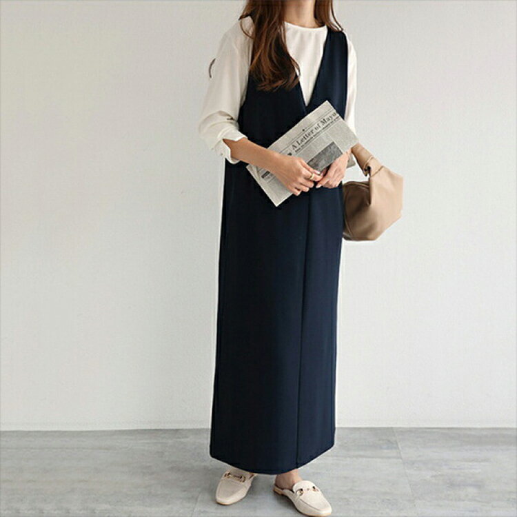 ジャンパースカート レディース ワンピース ノースリーブ シンプル Vネック 深Vネック 膝丈 マキシ丈 ロング 重ね着 大人 体型カバー ママ きれいめ シルエット 大人 体型カバー 着痩せ 脚長効果 春 夏 秋 オールシーズン