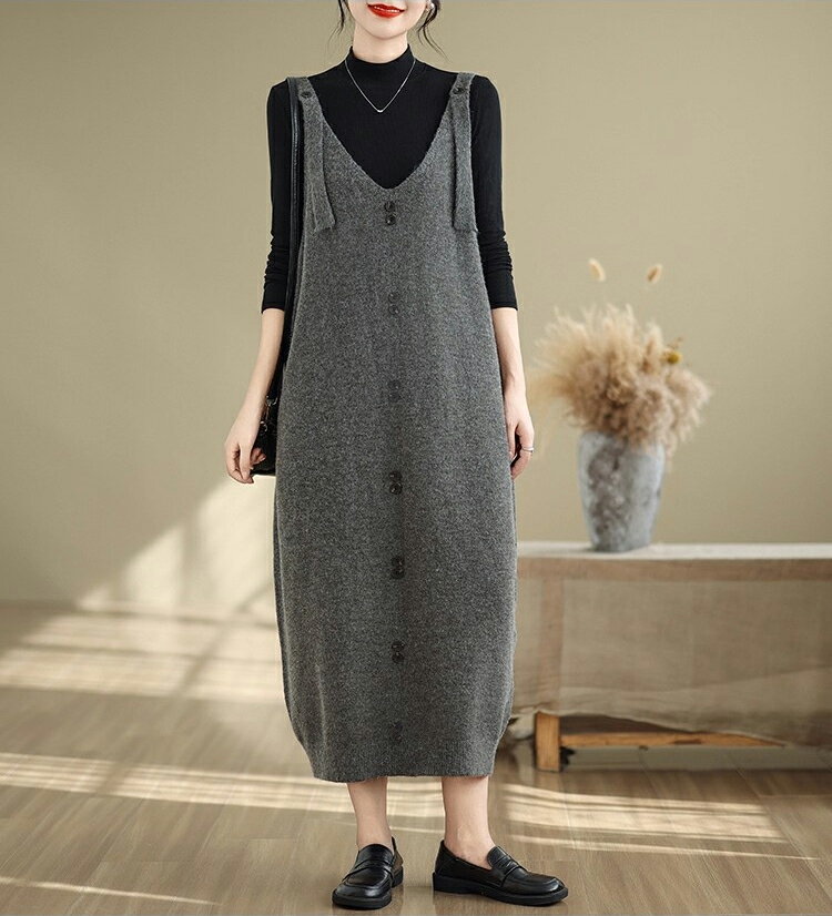 「年末セール 10%割引クーポン」 ジャンパースカート ニット サロペット レディース 体型カバー ワンピース ロング 春 秋 冬 キャミワンピース Vネック ロングワンピース オールインワン ニットワンピース ノースリーブ シンプル マキシ丈 重ね着 大人 おしゃれ