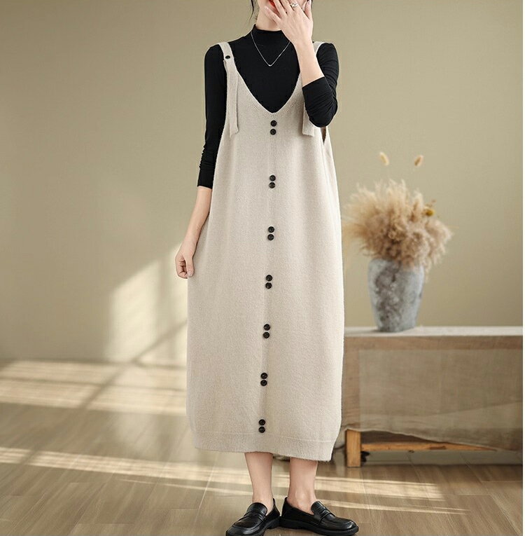 「年末セール 10%割引クーポン」 ジャンパースカート ニット サロペット レディース 体型カバー ワンピース ロング 春 秋 冬 キャミワンピース Vネック ロングワンピース オールインワン ニットワンピース ノースリーブ シンプル マキシ丈 重ね着 大人 おしゃれ