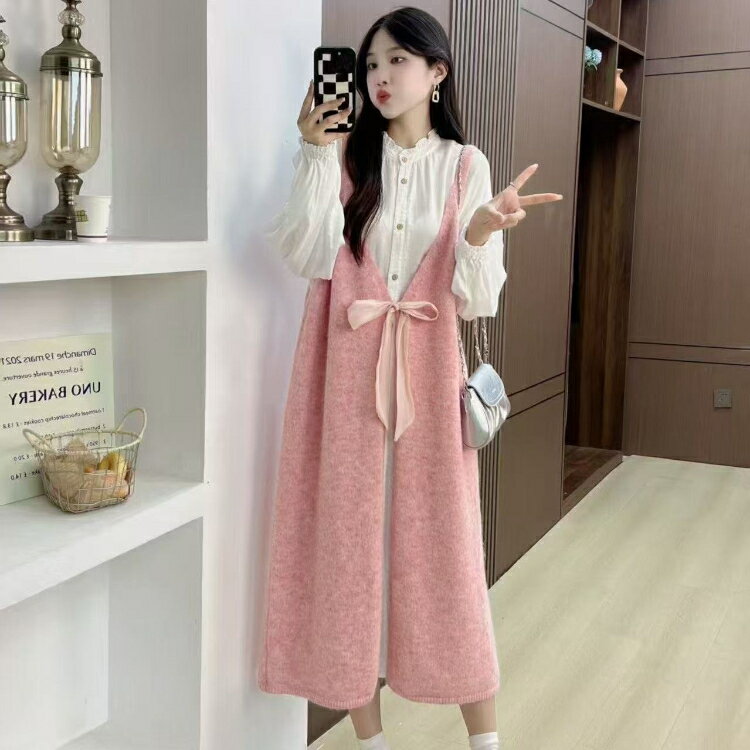 「新品10%OFF」 サロペットスカート ニット ジャンパースカート レディース ロング丈 Vネック ワンピース ジャンスカ ノースリーブ タンクワンピース 前開き リボン ベスト 重ね着 大人 かわいい 無地 カジュアル ゆったり 体型カバー マタニティ 春 秋 冬