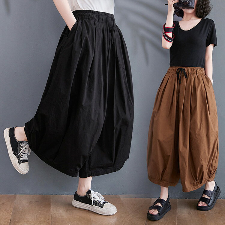 樂天商城 - ワイドパンツ レディース バルーンパンツ 9分丈 綿 コットン コクーンパンツ チノパン ウエストゴム ゆったり 夏 春 秋 ナチュラル 森ガール ズボン ボトムス 体型カバー プリーツ 着瘦せ フリーサイズ 薄手 オシャレ カジュアル シンプル
