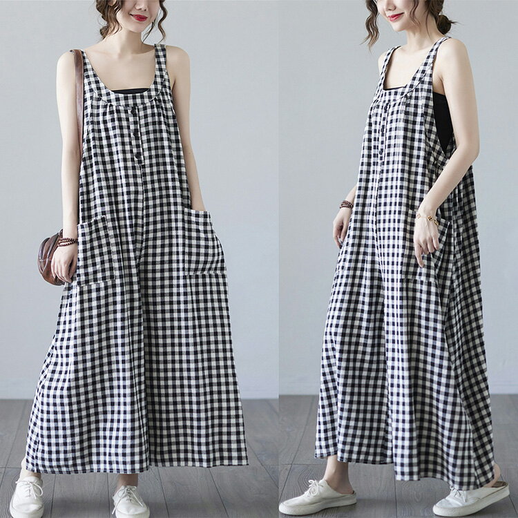 サロペット パンツ チェック柄 オールインワン レディース 綿麻 ワイドパンツ 9分丈 ロング丈 春 夏 秋 ゆったり 体型カバー オーバーオール ガウチョ 女性 可愛い ワイドシルエット 大きいサイズ シンプル おしゃれ カジュアル