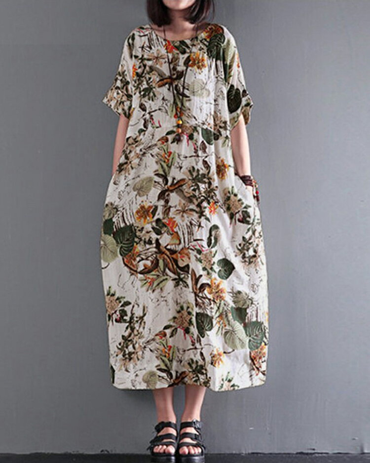 ワンピース 綿麻 リネン プリント柄 マキシ丈 膝下 半袖 サイドポケット ワンピースのサムネイル