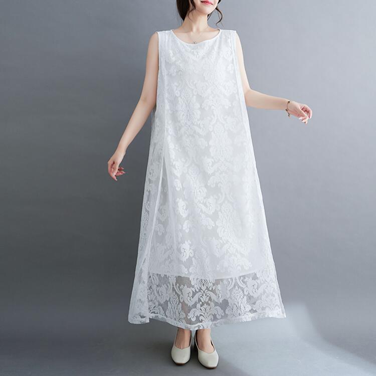 マキシワンピース サロペット キャミワンピ レディース レース 花柄 Aライン ノースリーブ ボートネック ロング丈 ミモレ丈 マキシ丈 フレア ゆる 無地 重ね着 シンプル きれいめ ジャガード 春 夏 丸ネック 着痩せのサムネイル