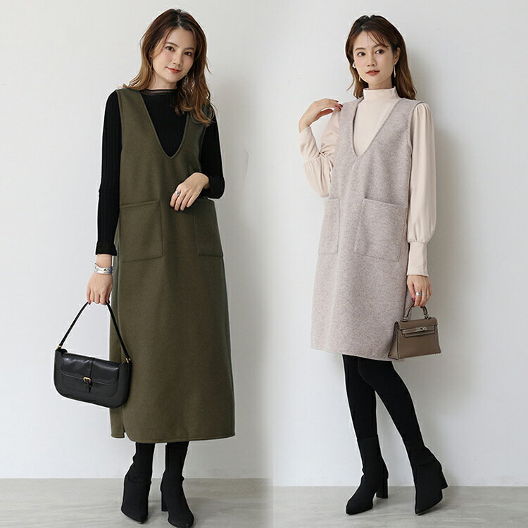 ジャンパースカート サロペット レディース ベストワンピース ノースリーブ ラシャ 膝丈 ロング丈 ロング ワンピース サロペットワンピース Vネック ポケット付き ゆったり 重ね着 春 秋 冬 ノースリーブワンピース レイヤード風 スリット入り 着痩せ