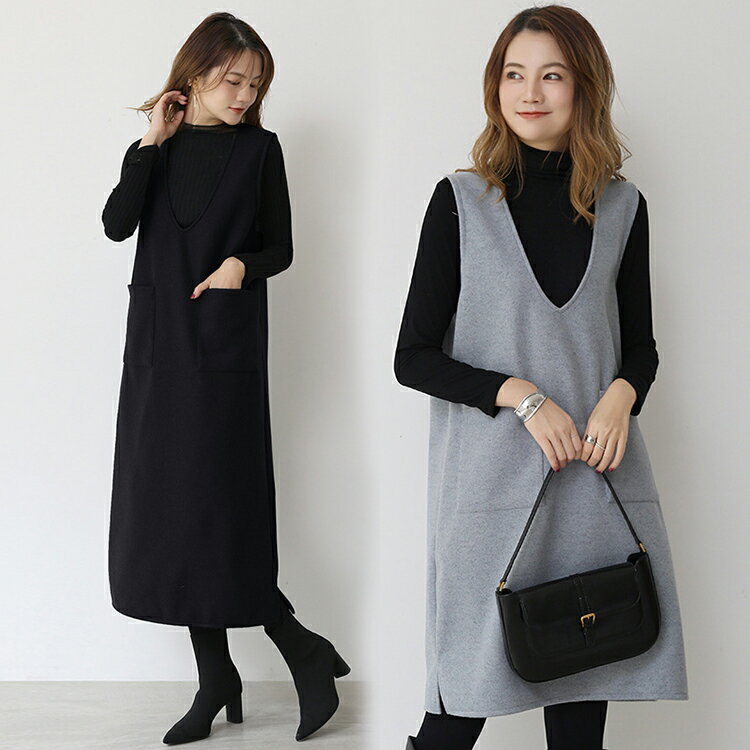 ジャンパースカート サロペット レディース ベストワンピース ノースリーブ ラシャ 膝丈 ロング丈 ロング ワンピース サロペットワンピース Vネック ポケット付き ゆったり 重ね着 春 秋 冬 ノースリーブワンピース レイヤード風 スリット入り 着痩せ