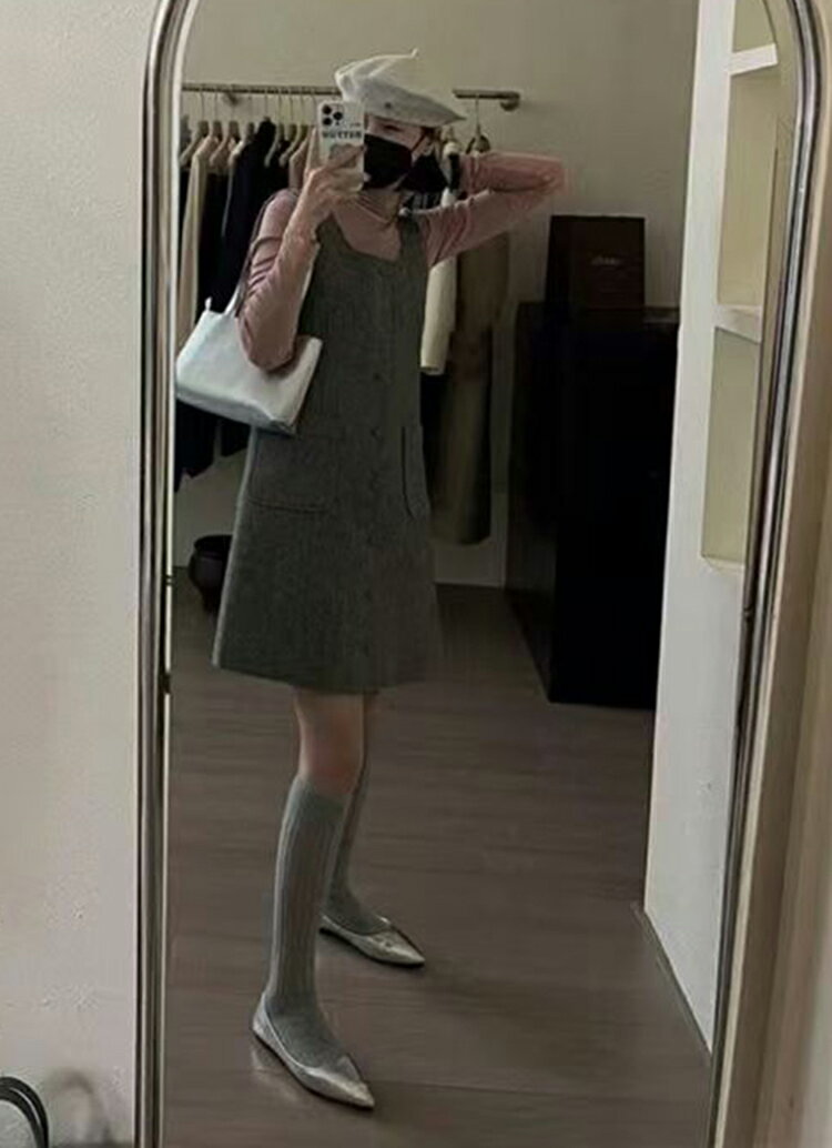 ジャンパースカート サロペット ワンピース Uネック ノースリーブ 膝丈 ミディ丈 ロング丈 重ね着 大人 マタニティ フォーマル きれいめ ママ オフィス カジュアル 冬 ラシャ おしゃれ 着痩 大人 無地