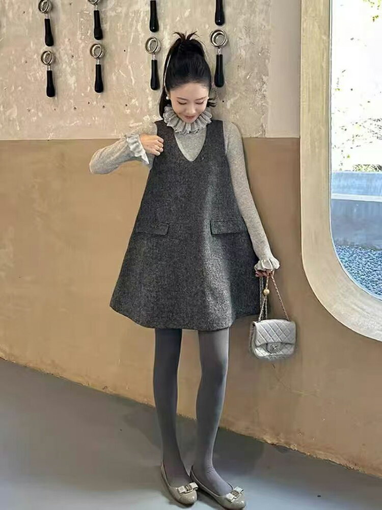 ワンピース 秋 レディース ジャンパースカート Vネック コンビネゾン ジャンスカ ツイード サロペットスカート オールインワン ワンピ ノースリーブ タンクワンピース 重ね着 大人 かわいい 無地 春 秋 冬