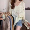 ブラウス カットソー レディース 透かし編み 夏 長袖 Vネック トップス Tシャツ プルオーバー uvカット 透け感 カジュアル コーデ 冷房対策 ニット おしゃれ 普段着 ゆったり きれいめ 通勤 お出かけ デート 無地 透かし彫り
