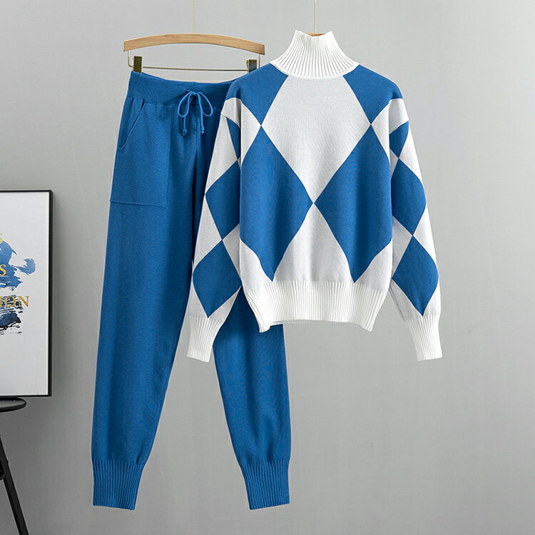 ニットセットアップ パンツ ニットパンツ レディース セットアップ ニット 秋冬 長袖 春 秋 冬 リブ タートルネック セーター タートルネックセーター リブニット ワイドパンツ カジュアル 2点セット 上下セット 配色 ポケット付き