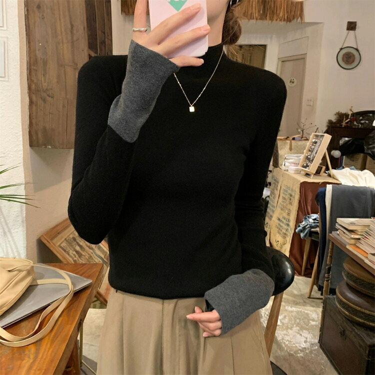 レディース 秋 冬 リエディ トップス インナー ニット セーター 長袖 ハイネック リブ レイヤード 配色 バイカラー 重ね着 オフィスカジュアル オフィス 通勤 秋冬 リブニット 暖かい luminous99-10002563 Shop luminous サンプル画像2