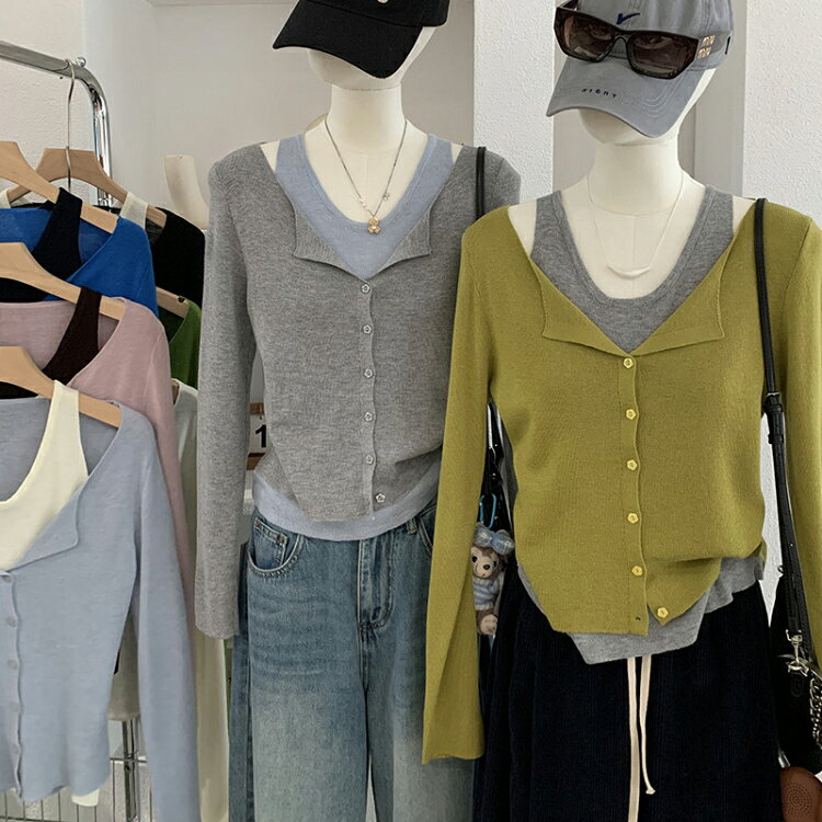 配色レイヤードニットトップス レディース ドッキング 春 秋 リエディ トップス ニット セーター 長袖 セーター ヘンリーネック 配色 レイヤード 重ね着 プルオーバー 切り替え Uネック キャミ luminous99-10002847 Shop luminous サンプル画像2