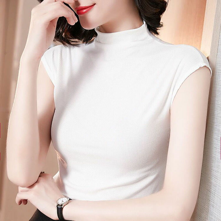 樂天商城 - レディース ノースリーブ モーダル Tシャツ ハイネック 無地 トップス カットソー スリム 伸縮性 インナーシャツ 冷感 プチハイネック 丸首