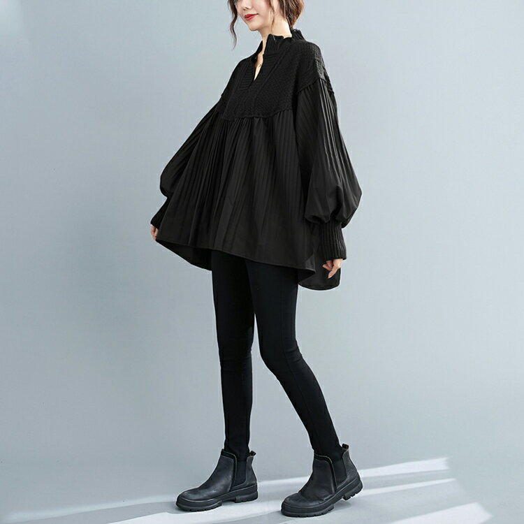 プルオーバー セーター レディース 秋冬 異素材 切替 スキッパーカラー ニット プリーツ プルオーバー ゆったり 体型カバー フレア チュニック ドッキング ゆったり トップス 長袖 パフ袖 ボリュームスリーブ バルーンスリーブ ドロップショルダー