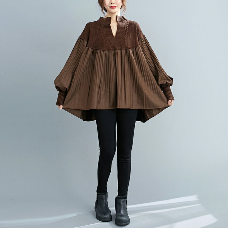 プルオーバー セーター レディース 秋冬 異素材 切替 スキッパーカラー ニット プリーツ プルオーバー ゆったり 体型カバー フレア チュニック ドッキング ゆったり トップス 長袖 パフ袖 ボリュームスリーブ バルーンスリーブ ドロップショルダー