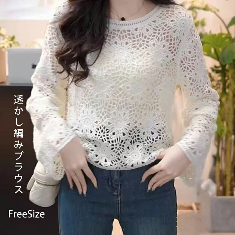 Other - シャツ ブラウス トップス レディース 透かし編み 春 夏 レースブラウス 刺繍 総柄 長袖 総レース 花柄 透かし彫り ショート丈 Uネック ラウンドネック 薄手 透け感 重ね着 レイヤード コットン カジュアル 体型カバー 着瘦せ きれいめ ガーリー リラックス