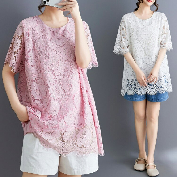 Shop luminousのTシャツ チュニック レース 春 夏 ブラウス 刺繡 レディース レースtシャツ 五分袖 ブラウス クルーネック ロング丈 レイヤード 大人可愛い 透け感 カットソー ナチュラル ふんわり 柔らかい トップス エレガント｜アングル2