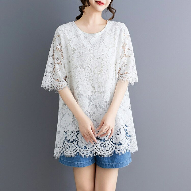 Shop luminousのTシャツ チュニック レース 春 夏 ブラウス 刺繡 レディース レースtシャツ 五分袖 ブラウス クルーネック ロング丈 レイヤード 大人可愛い 透け感 カットソー ナチュラル ふんわり 柔らかい トップス エレガント｜アングル3