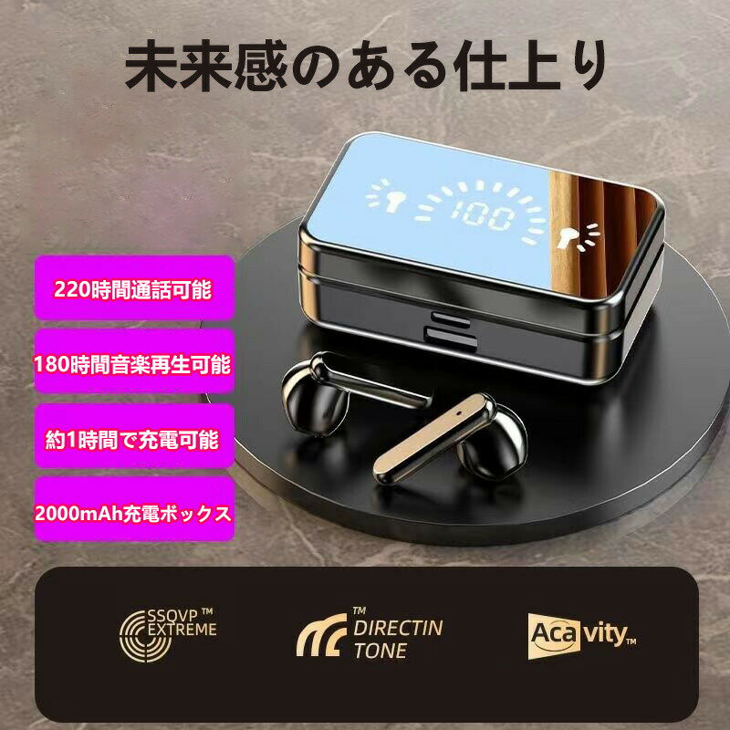 Bluetoothイヤホン ワイヤレスイヤホン Bluetooth5.2 LEDディスプレイミラー 電量表示機能 音漏れ抑制..