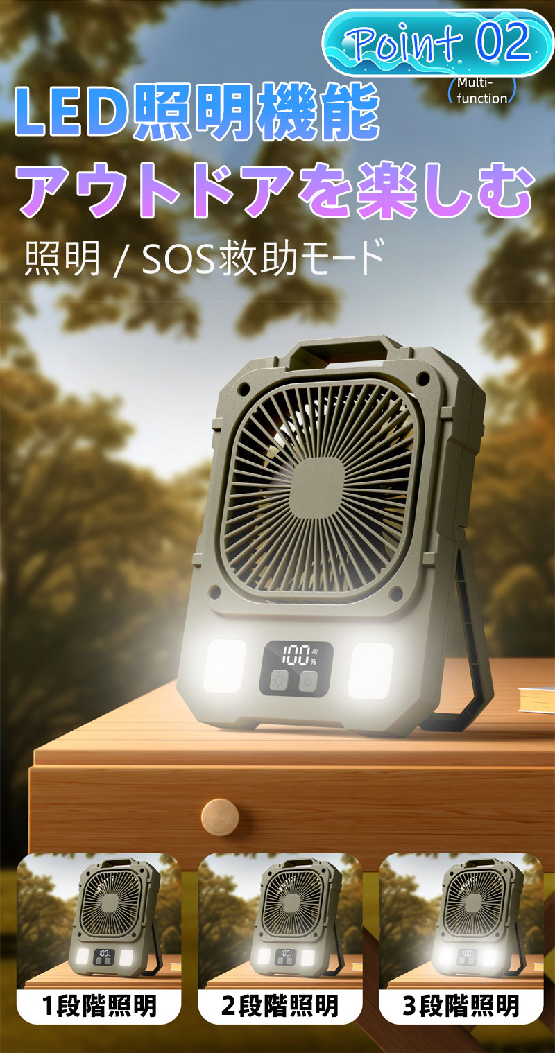 LED付き キャンプ扇風機 アウトドア 充電式 卓上/吊り下げ 両用 無段階変速 超静音 強風 スマートデジタル表示 3段階調光 SOSモード 長時間駆動 省エネ 携帯扇風機 防災 アウトドア キャンプ テント 寝室 オフィス 屋内 屋外 USB Type-C 軽量 グリーン カーキ