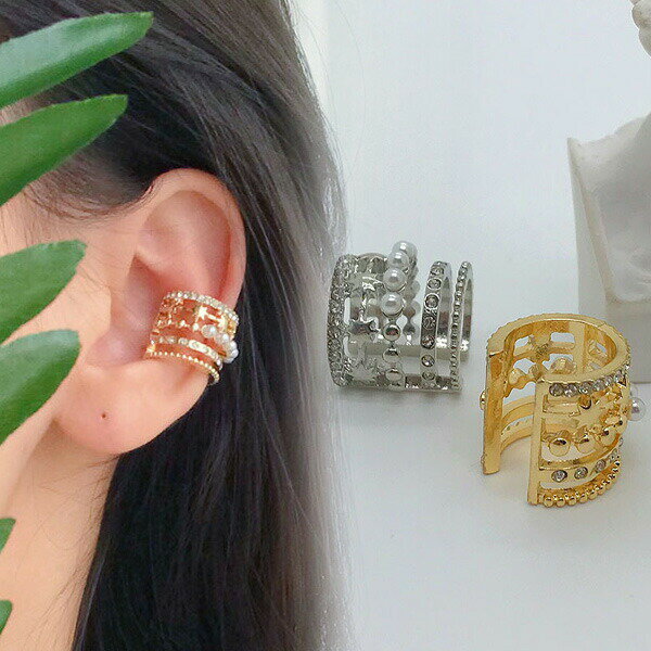 E-5【送料無料】金メッキイヤーカフ(片耳) 5連デザイン パール 大人 上品 エレガント シンプル ゴールド シルバー イヤリング おしゃれ 大人女子 ゴール...