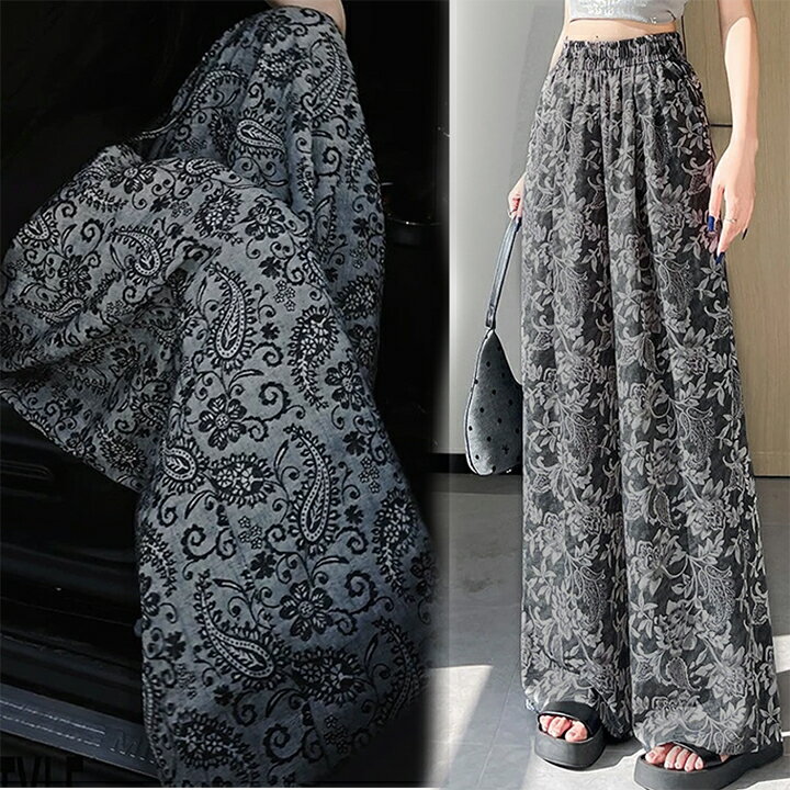 花柄ワイドパンツ ポケット付きパンツショートパンツ レディース 春 夏 ハイウエスト カジュアルパンツ ロングパンツ スリム 薄手 カジュアル ワイドレッグ きれいめ ゆったり リラックス 韓国ファッション【送料無料】のサムネイル