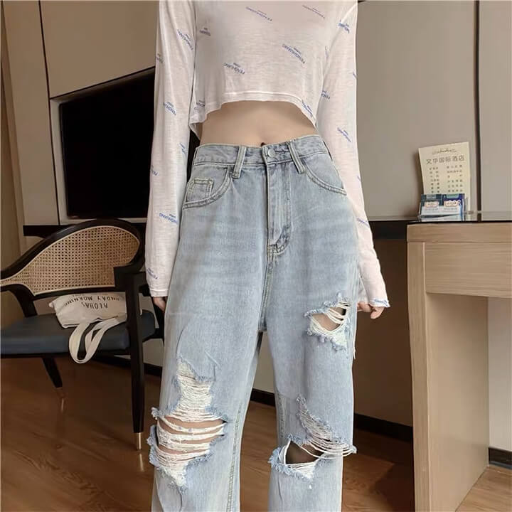 2A34ダメージデニムパンツ レディース サイドダメージワイドデニムパンツ かわいい...