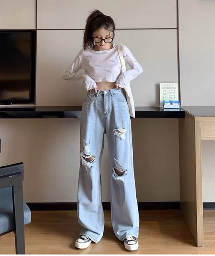 2A34ダメージデニムパンツ レディース サイドダメージワイドデニムパンツ かわいい...