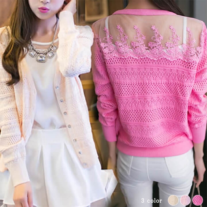 楽天LUMIRA2B28【送料無料】カーディガン肩可愛いVネックレース編み8分袖ニットカーディガン【肩チュールレース】 バーゲン