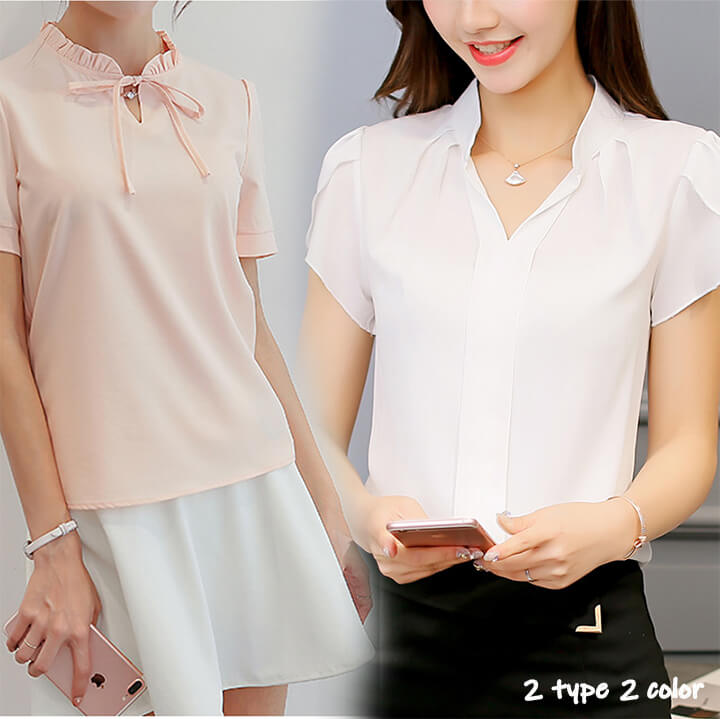 楽天LUMIRA1K【送料無料】半袖 無地 抜き襟 スキッパーシャツ ブラウス リボン付き シフォン カシュクール トップス レディース ドレープ シフォンブラウス 半袖 無地 シフォン ブラウス リボン 半袖 バーゲン