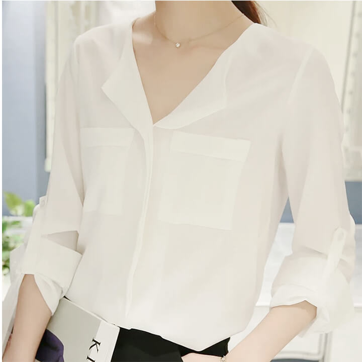 楽天LUMIRA2A40【送料無料】Vネックブラウス レディース トップス ホワイト 長袖ブラウス 通勤 オフィス シフォンブラウス レディースファッション 無地 トップス おしゃれ バーゲン