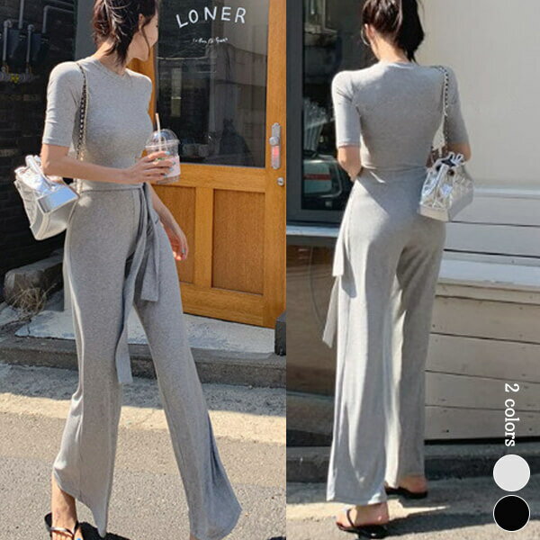 2C10 ニット半袖＆パンツ　2点セットアップ　上下セット 半袖　ワイトパッツ リボン セクシー　レディース　セット【送料無料】