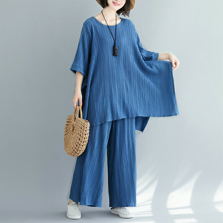 2C9 セットアップ 棉麻 トップス＆ワイドパンツ 夏物 半袖Tシャツ ワイドパンツ ゆったり 2点上下セットカジュアル 大人 母の日 無地 大きいサイズ レディース 体型カバー【送料無料】