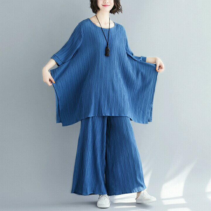 2C9 セットアップ 棉麻 トップス＆ワイドパンツ 夏物 半袖Tシャツ ワイドパンツ ゆったり 2点上下セットカジュアル 大人 母の日 無地 大きいサイズ レディース 体型カバー【送料無料】