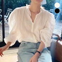 【訳あり品で超お買い得】A-1 ショート丈 ソリッドカラー シャツ レディース 春 秋 トップス パフスリーブ 無地 レース Vネック きれいめ オシャレ シンプル カジュアル レース襟 シャツブラウス アイボリー ブラック 韓国ファッション【送料無料】