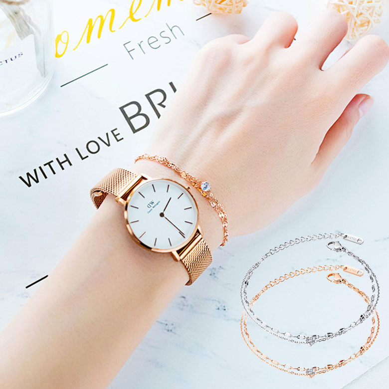 E12 ブレスレット アンクレット レディース 記念 プレゼント ギフト 贈り物 誕生日 クリスマス お祝い サージカルステンレス 2連チェーン ピンクゴールド...