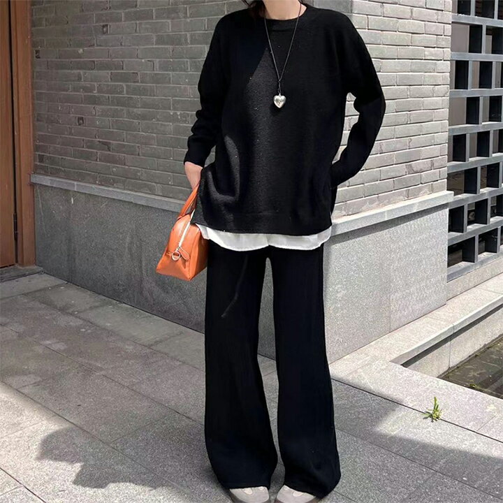Nylon, Rayon, Polyester - ニット セットアップ レディース OKB トップス パンツ 秋冬 厚手 長袖 セーター ワイドパンツ ニットパンツ 2点セット 上下セット 通勤 ゆったり リブニット 無地 カジュアル シンプル 韓国ファッション 【送料無料】