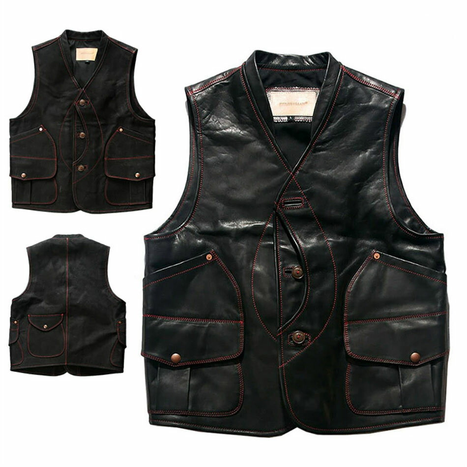 ◆商品配送について◆ ◆お届け先が北海道・沖縄・離島の場合、2000円の別途送料が発生するかもしれません。 ◆発送途中で箱が潰れる可能性あります.ご理解お願いします。 サイズは人工測定であり、2-3 cmの誤差がある可能性があるので理解してください。 何かご質問やご不明な点等がございましたら、お気軽にご連絡下さい。何卒よろしくお願いいたします。 このベストはECCO研磨牛皮、そして馬皮を採用しています。 皮料：ECCO研磨牛皮と馬皮の2種類の皮料。 デザイン：天神ベスト ボタン：エクアドル果実ボタン YKK古銅四合バックル 色：黒。 重量：1.4 kg(約)。 赤い糸の配色が特徴で、全身にポケットが多く、身を修める。